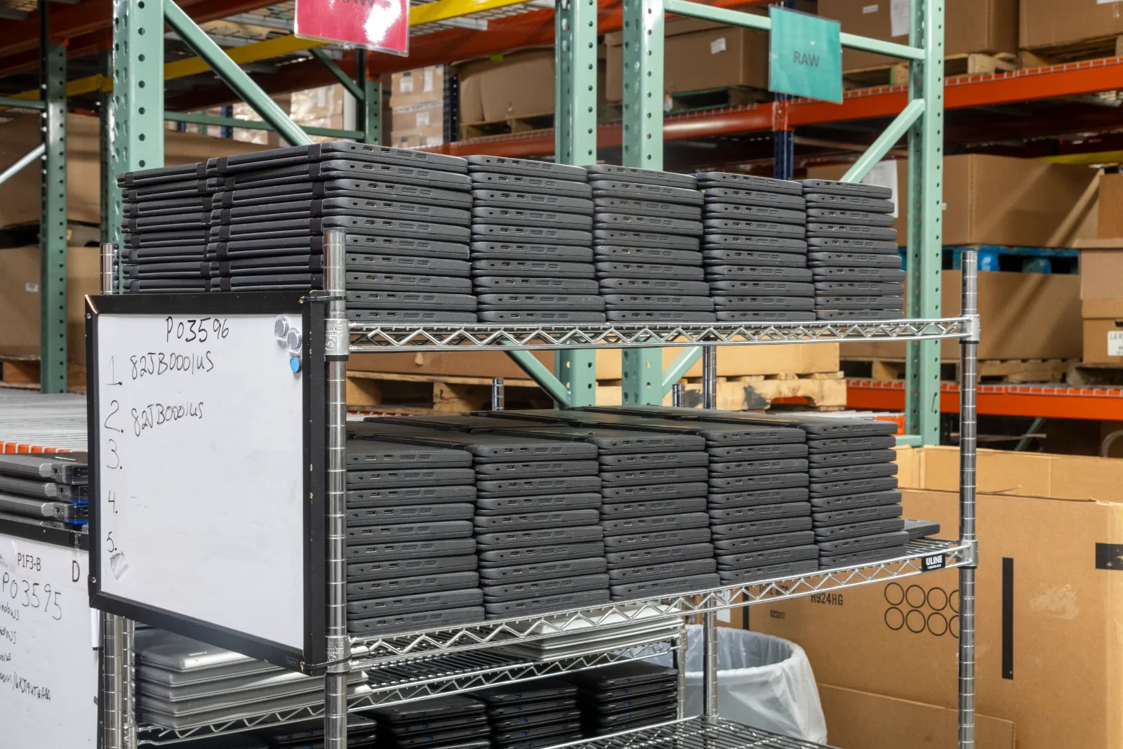 Inventory shelving at the Refreshed Tech facility
